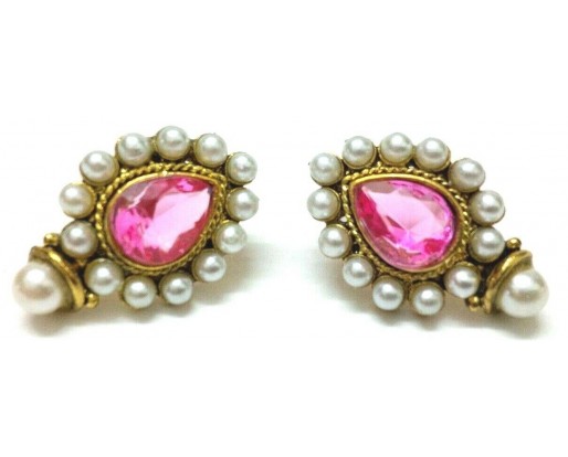 Gold Oxidized Women Earring Stud Jewelry PushBack Classy Gift - Rhinestone Bead 41